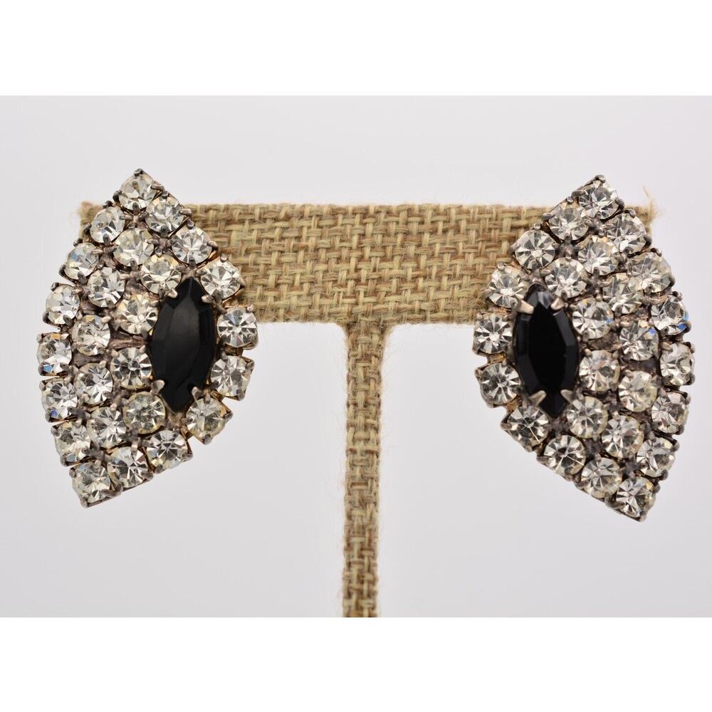 Vintage Crystal Earrings Black Marquise Prong Rhinestone Sparkling 1980s 9D